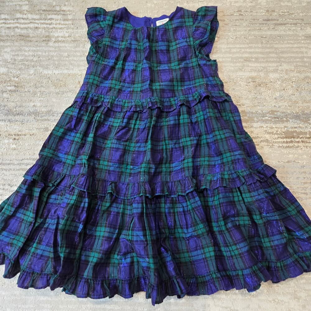 Crewcuts J. Crew Ruffle-Trim Dress in Shimmer Blue Green Plaid BC692 Size 8 GIrl